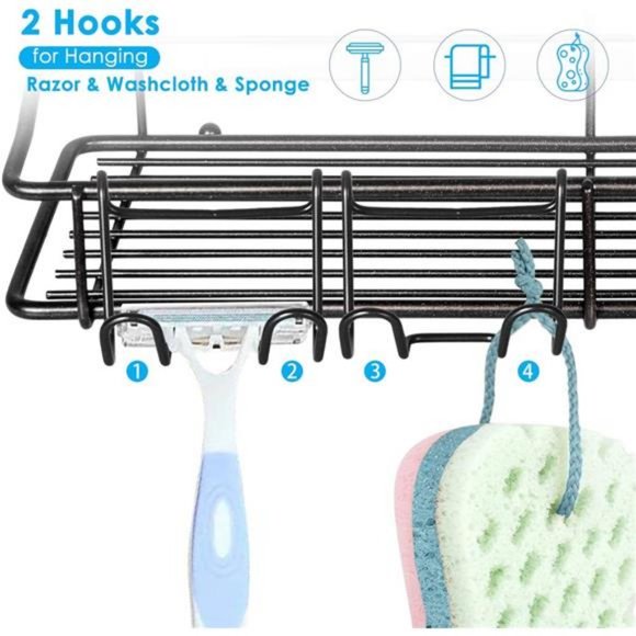 Shower Caddy Shelf with Hooks Storage Rack Organizer  - 2 Pack (Black) - Picture 3 of 7